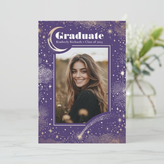 天モダン紫写真卒業 案内状 (スタンド正面)