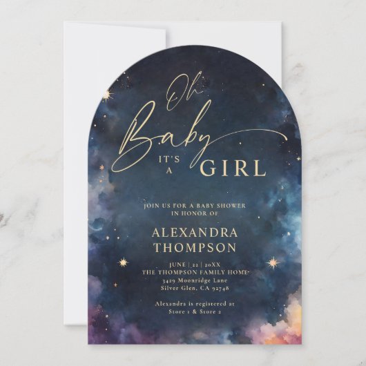 天上のギフト真夜中のブルースターアーチベイビーシャワー 招待状 (正面)