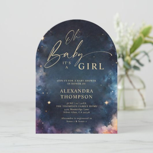 天上のギフト真夜中のブルースターアーチベイビーシャワー 招待状 (スタンド正面)