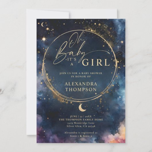 天上のギフト真夜中の青い赤エレガントちゃんシャワー 招待状 (正面)