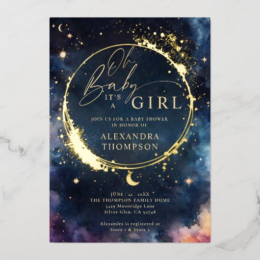 天上のギフト真夜中の青い赤エレガントちゃんシャワー 箔招待状 (正面)
