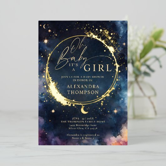 天上のギフト真夜中の青い赤エレガントちゃんシャワー 箔招待状 (立ち正面)