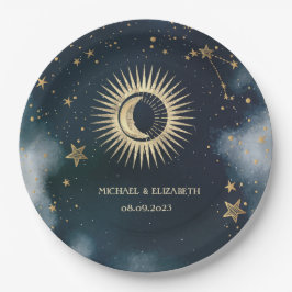 天上のゴールドサン・月・星の夜空 ペーパープレート