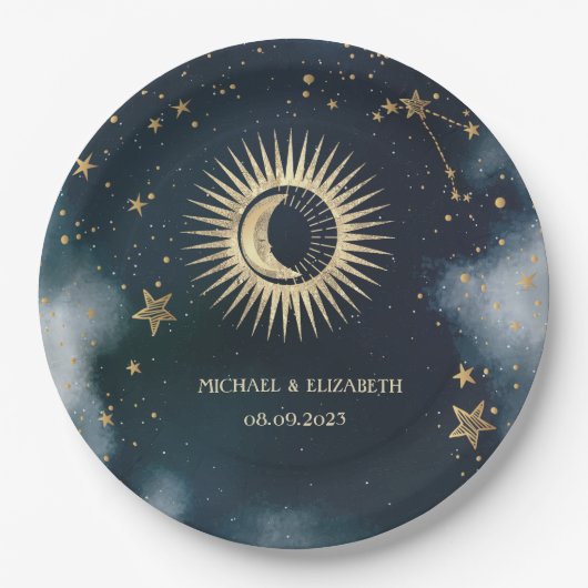 天上のゴールドサン・月・星の夜空 ペーパープレート (正面)