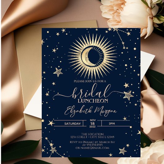 天上のゴールド太陽と月と星の結婚前夜パーティー 招待状