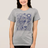 天上の調和：青いインクのラインアートの肖像 トライブレンドＴシャツ (正面)