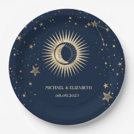 天上の金色の太陽と月と星 ペーパープレート
