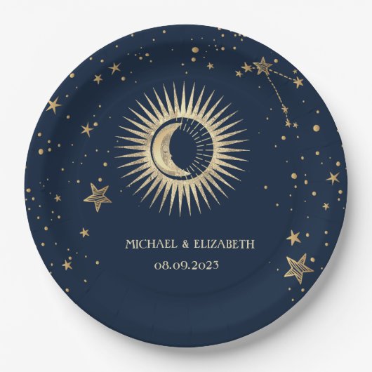 天上の金色の太陽と月と星 ペーパープレート (正面)