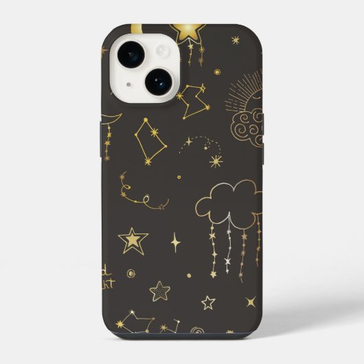 天上の金色の星、月と星座 iPhoneケース (裏面)