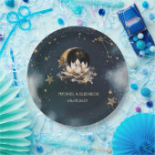 天上の金色太陽、月、星蓮華の夜空  ペーパープレート (パーティー)