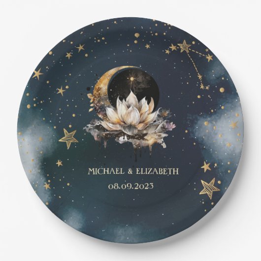 天上の金色太陽、月、星蓮華の夜空  ペーパープレート (正面)