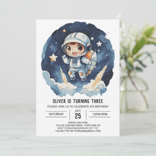 天上モダンの可愛い宇宙飛行士ボーイ誕生日 招待状 (スタンド正面)