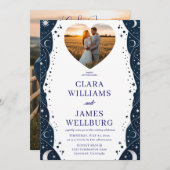 天上結婚式の招待テンプレート-深いブルー&シリコン 招待状 (正面/裏面)