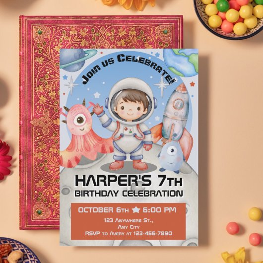 天体のお祝い：ライトブルーの宇宙飛行士 招待状