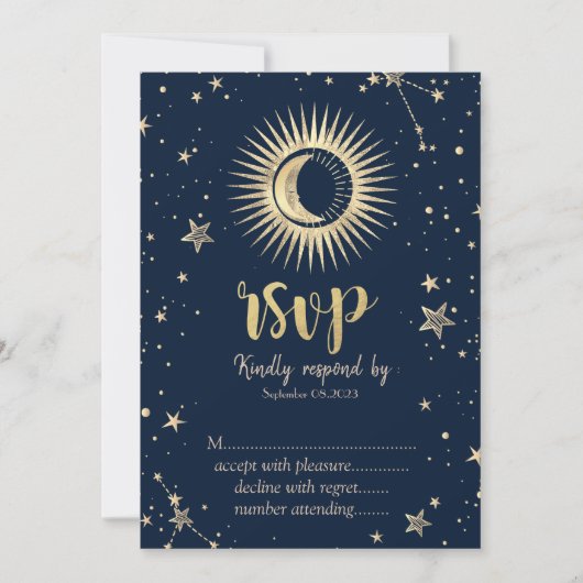 天体のゴールドの太陽と月と星のRSVP 招待状 (正面)