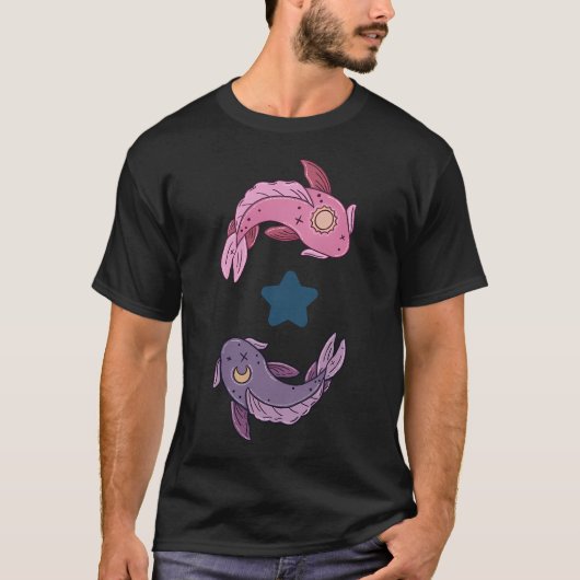 天体コイ魚ペア太陽と月魚座アート Tシャツ (正面)