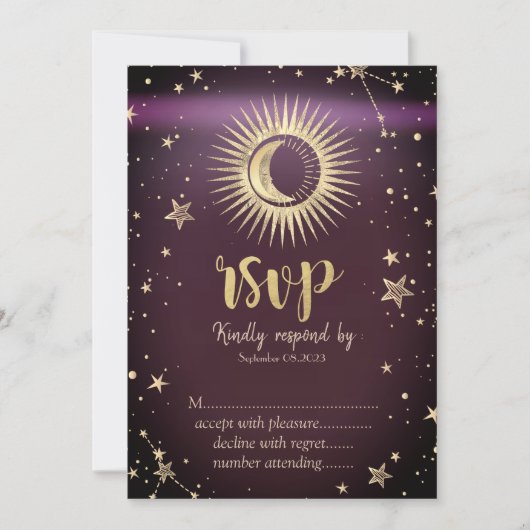 天体ゴールドサンアンドムーン＆スターズワインレッドＲＳＶＰ 招待状 (正面)