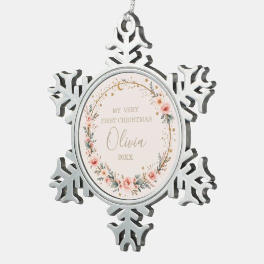 天体ベビー初めてのクリスマス パーソナライズされた スノーフレークピューターオーナメント (右)