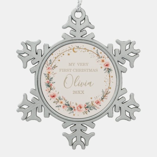 天体ベビー初めてのクリスマス パーソナライズされた スノーフレークピューターオーナメント (正面)