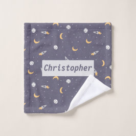 天体ロケット月星惑星パターン ウォッシュタオル