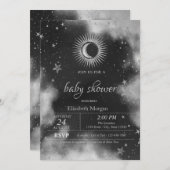 天体太陽と月と星のグレーベビーシャワー 招待状 (正面/裏面)