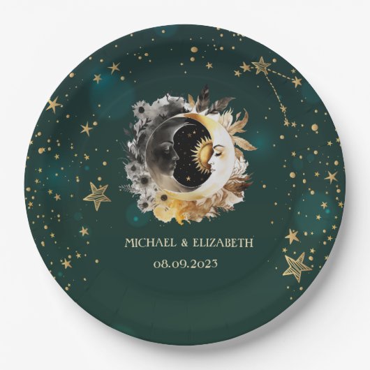 天体太陽と月の花星グリーン ペーパープレート (正面)