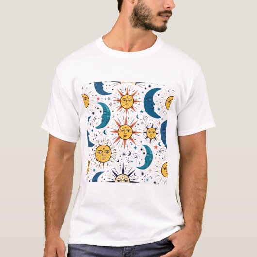天体太陽と月の顔ビンテージ柄 Tシャツ (正面)