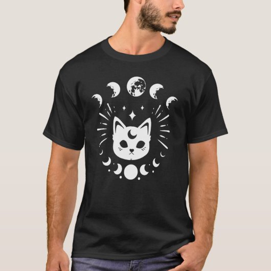 天体月相と猫の神秘的なボヘミアンウィッカ Tシャツ (正面)