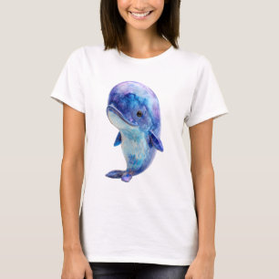天体水彩銀河スペースブルーホエール女性 Tシャツ