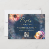 天体花卉銀河ミッドナイトブルー結婚式QR 出欠カード (正面)