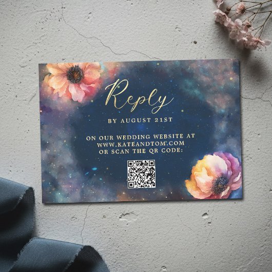 天体花卉銀河ミッドナイトブルー結婚式QR 出欠カード