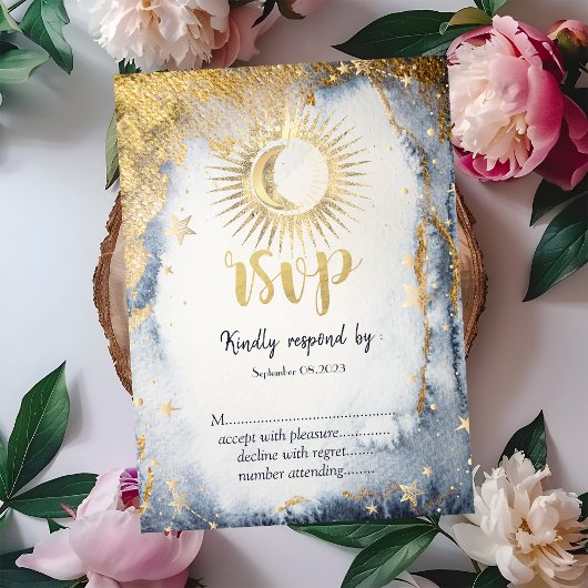 天体金ゴールド太陽，月，星水色RSVP 招待状
