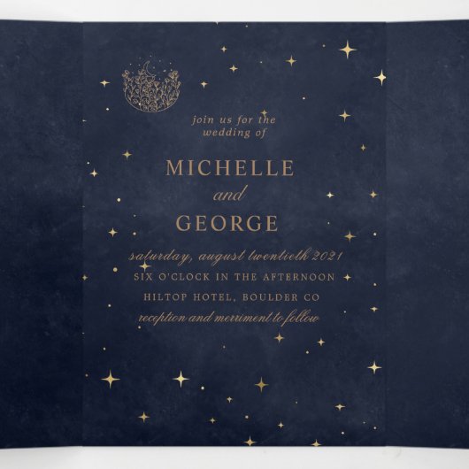 天体金ゴールド月結婚フローラ 三つ折り招待状 (内部中)