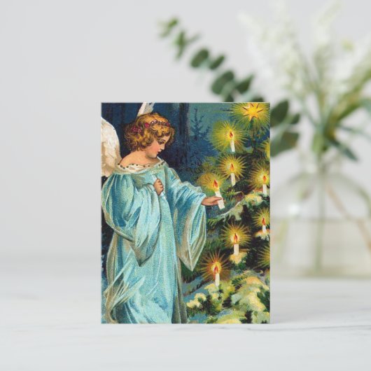 "天使およびクリスマスツリー"のヴィンテージ シーズンポストカード (スタンド正面)