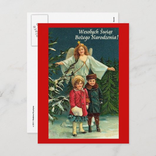 天使および子供が付いているポーランドのクリスマスカード シーズンポストカード (正面/裏面)