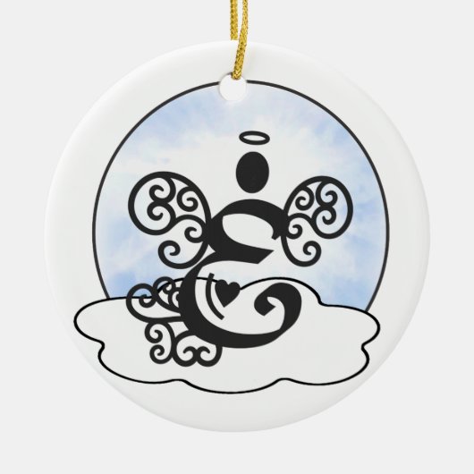 天使および雲が付いている手紙Eのモノグラム セラミックオーナメント (正面)