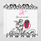 天使がピンクの花を描くダマスク・モノグラム 招待状 (正面/裏面)