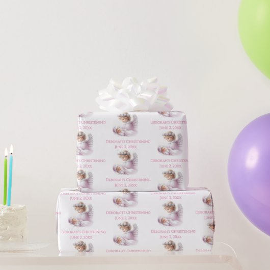 天使がベビーガールの洗礼を見守る ラッピングペーパー (パーティーギフト)