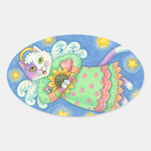 天使が見ている、猫のシール楕円、シート 楕円形シール (正面)