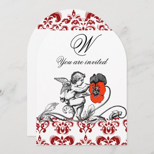 天使が赤い花のダマスク柄のイニシャルを描く 招待状 (正面/裏面)