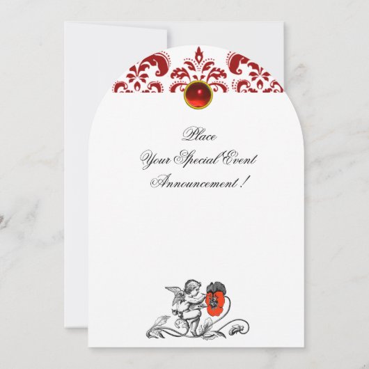 天使が赤い花のダマスク柄のイニシャルを描く 招待状 (裏面)