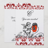 天使が赤い花を描いたダマスク柄のモノグラム パール 招待状 (正面/裏面)