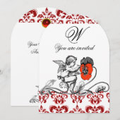天使が赤い花を描いたダマスク柄の赤いモノグラム 招待状 (正面/裏面)