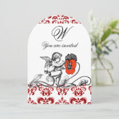 天使が赤い花を描いたダマスク柄の赤いモノグラム 招待状 (スタンド正面)