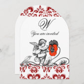 天使が赤い花を描くダマスク柄のモノグラム 招待状 (正面/裏面)