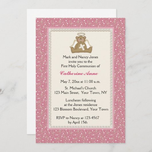 天使くま、ピンクの白いデイジーの宗教招待状 招待状 (正面/裏面)