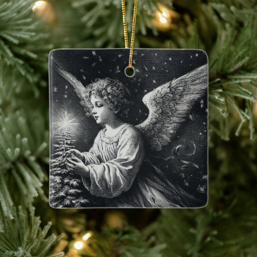 天使とクリスマスの木の背中と白 セラミックオーナメント (ツリー)