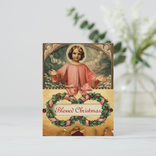 天使とクリスマスクラウンを持つ子イエス シーズンポストカード (スタンド正面)