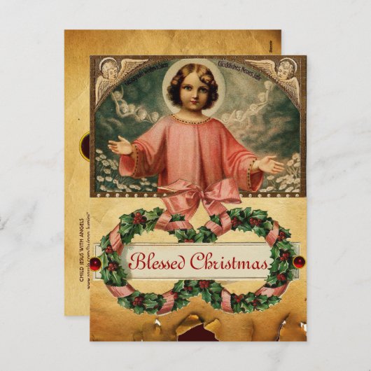 天使とクリスマスクラウンを持つ子イエス シーズンポストカード (正面/裏面)