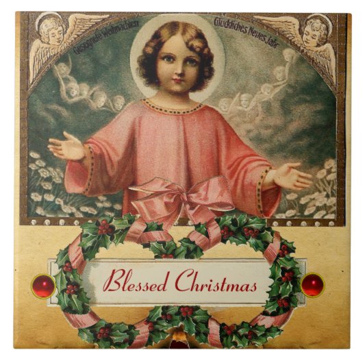 天使とクリスマスクラウンを持つ子イエス タイル (正面)